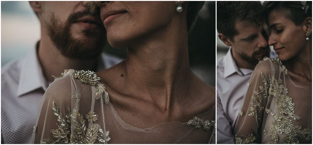 Intimate close-up portraits showing delicate lace details of wedding attire.