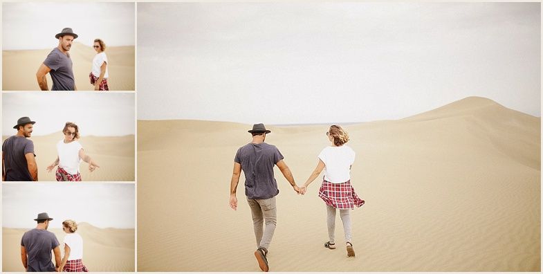 A collection of romantic desert engagement photos showing a couple walking through sand dunes.