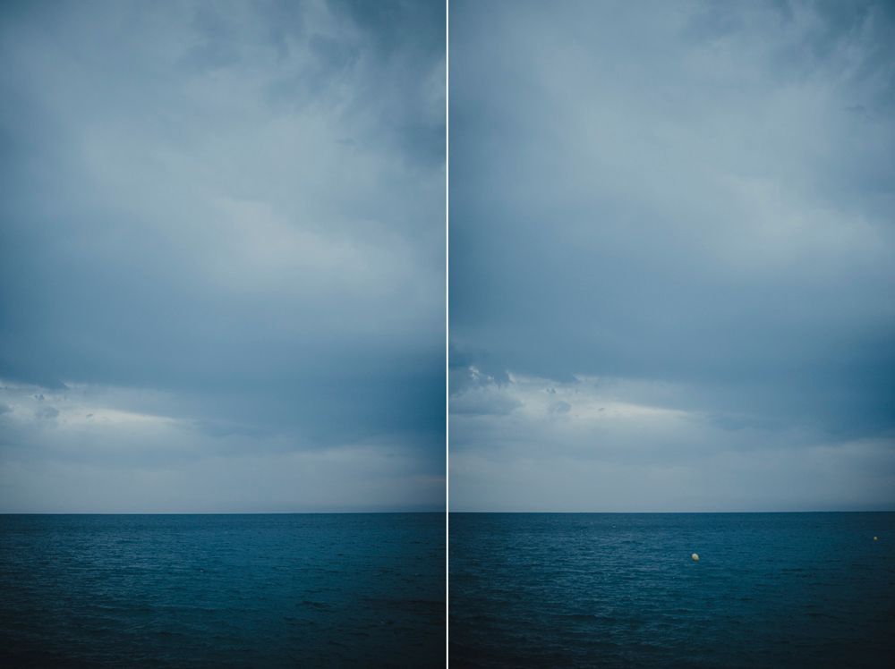 Split diptych seascape showing deep blue ocean meeting cloudy sky.