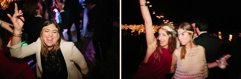Candid party photos showing guests dancing and celebrating at a nighttime event.