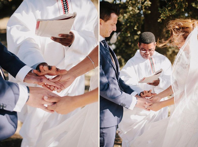Split image showing wedding ring exchange ceremony and couple during outdoor service.