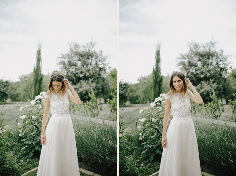 Diptych of a romantic garden scene with flowing white dress against natural foliage.