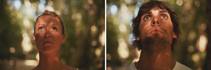 Two side-by-side portraits showing upward gazes in natural lighting.