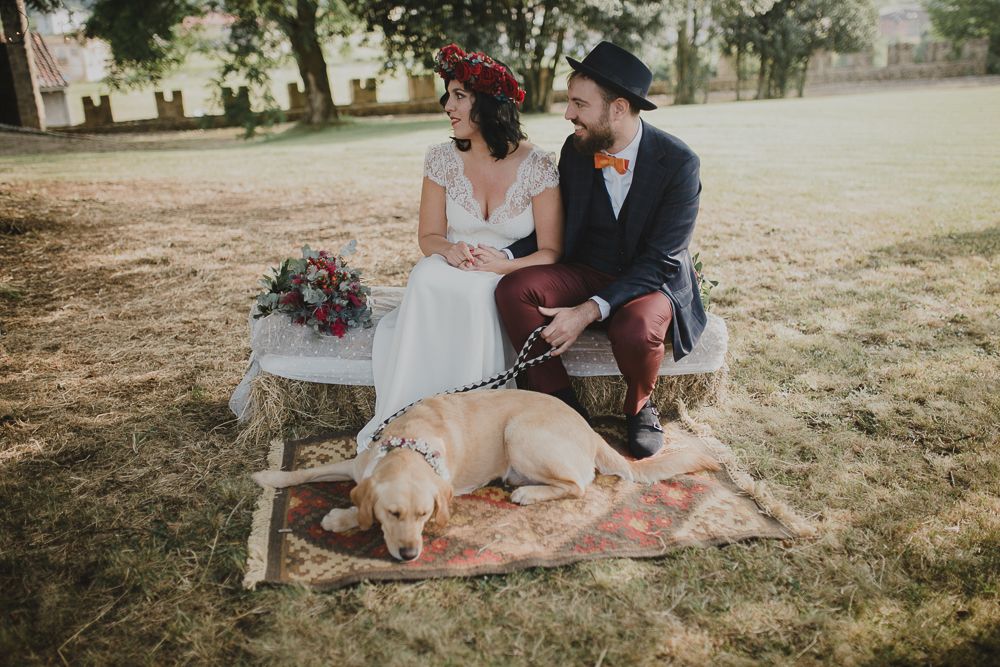 A couple sits on a bench with their dog resting on a blanket below during their wedding.