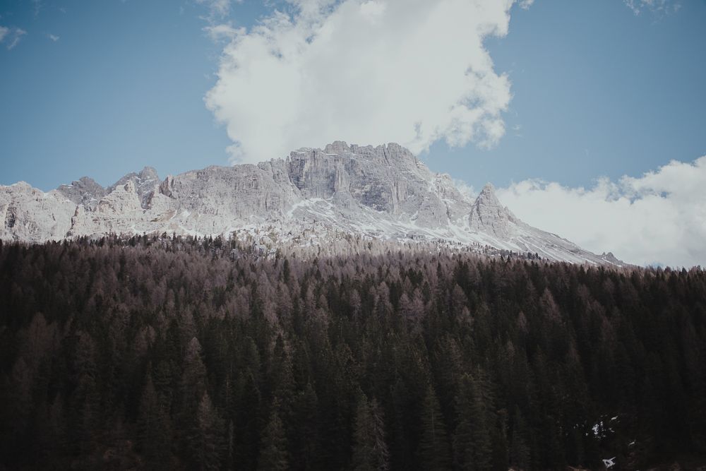 Majestic mountain peak rises above dense forest under puffy white clouds in a dramatic landscape.