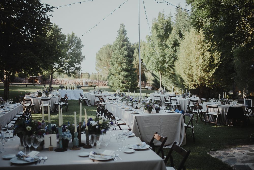 Elegant outdoor wedding reception setup with tables and string lights under tall trees.