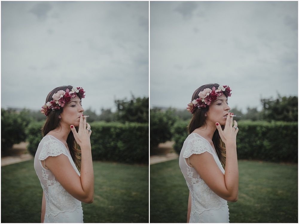 Emotional wedding moment captured with floral crown and natural lighting.