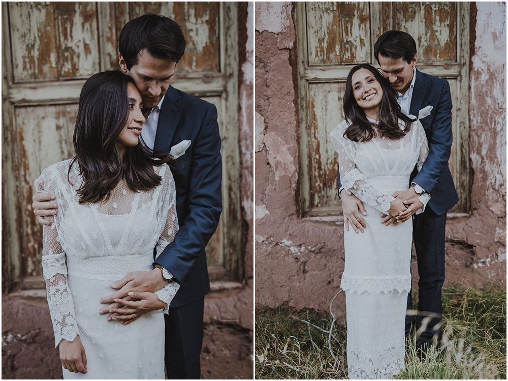 Two candid moments of a couple embracing against a rustic doorway backdrop.