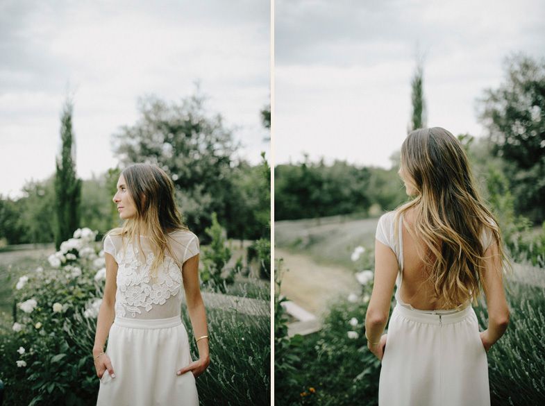 Diptych showing details of a backless lace wedding dress in a garden setting.