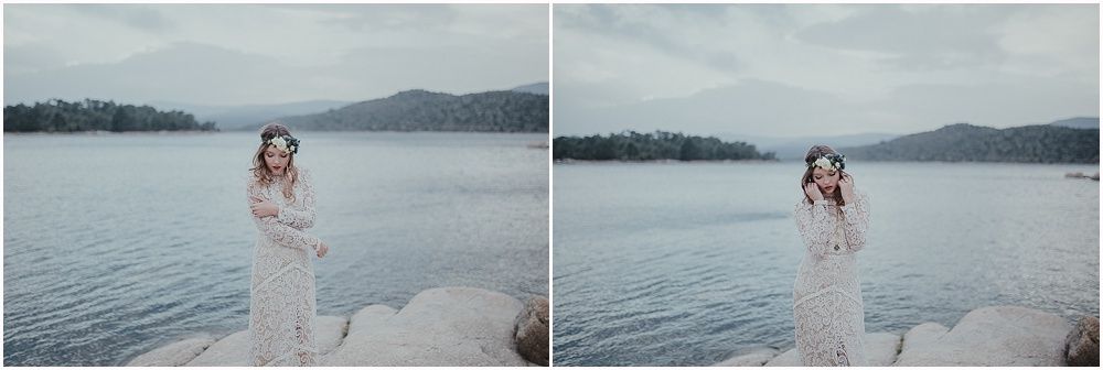 Ethereal portrait by the water showing flowing fabric in soft muted tones.