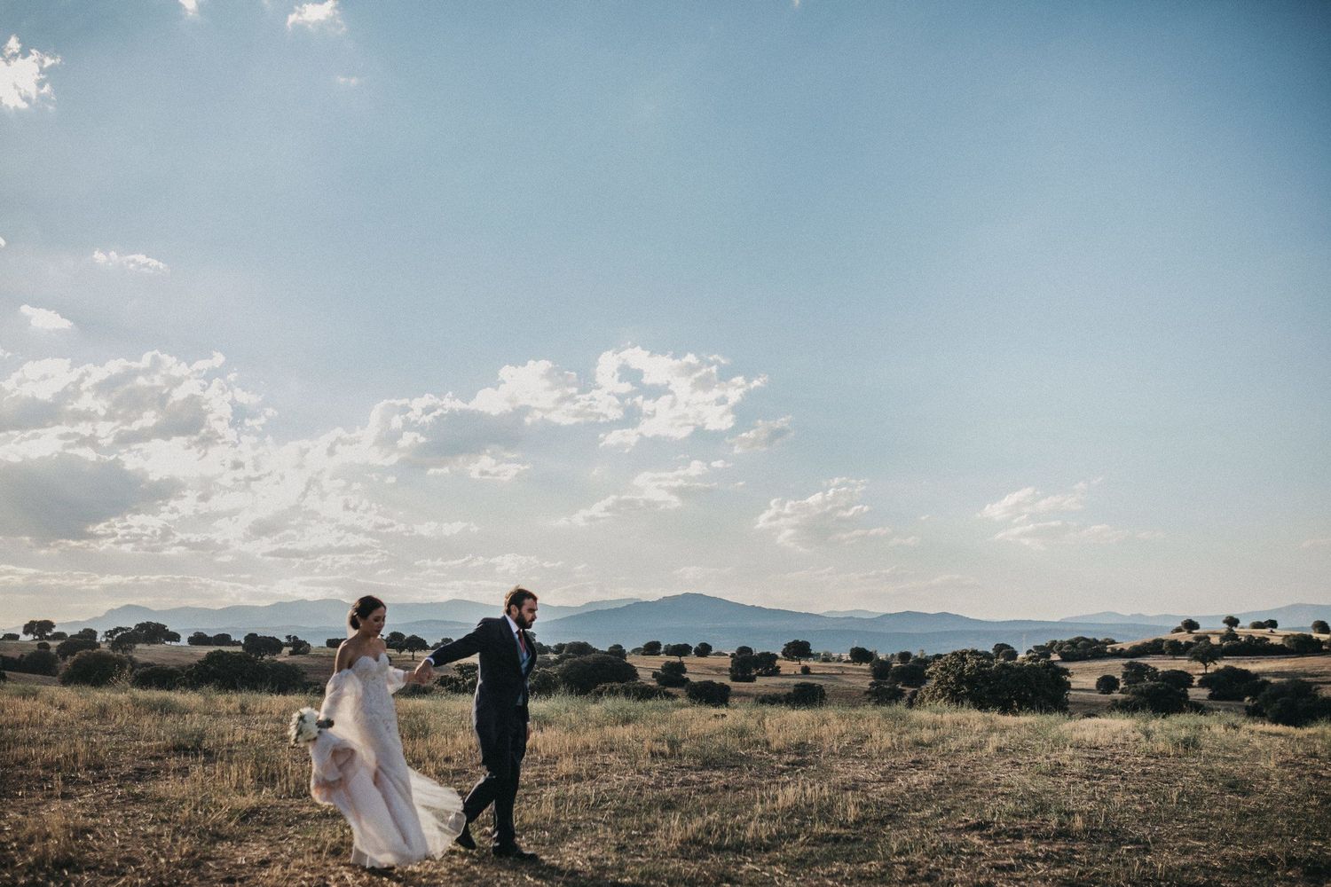 Wedding couple walking hand in hand through an open field with mountains in the distance.
