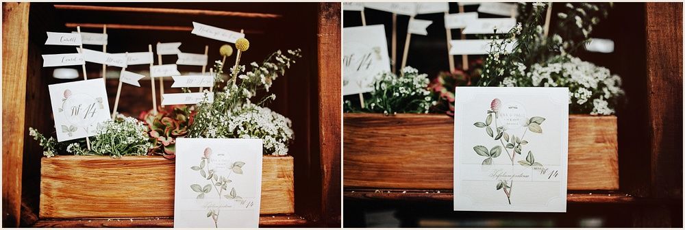 Wooden display board with photos and botanical decorations.