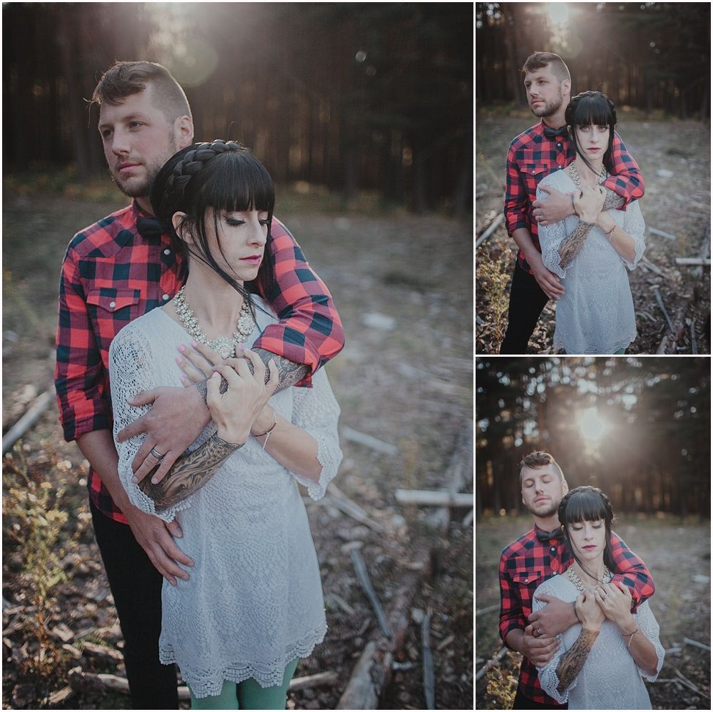Romantic forest photoshoot featuring intimate poses in natural lighting.