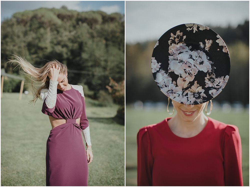 Two artistic portrait shots showing women in burgundy dresses with creative compositions.