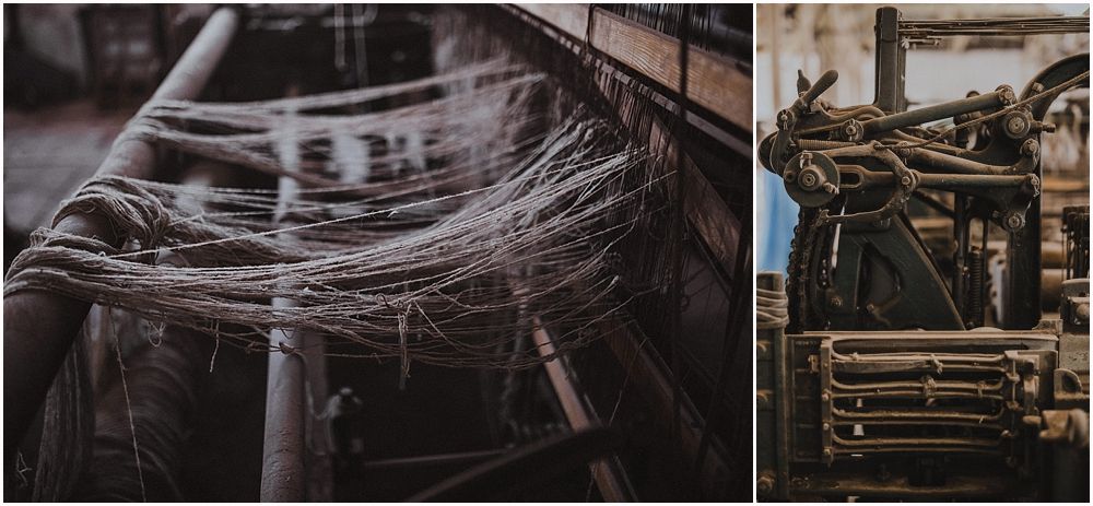Split image of cobwebs and vintage industrial machinery.