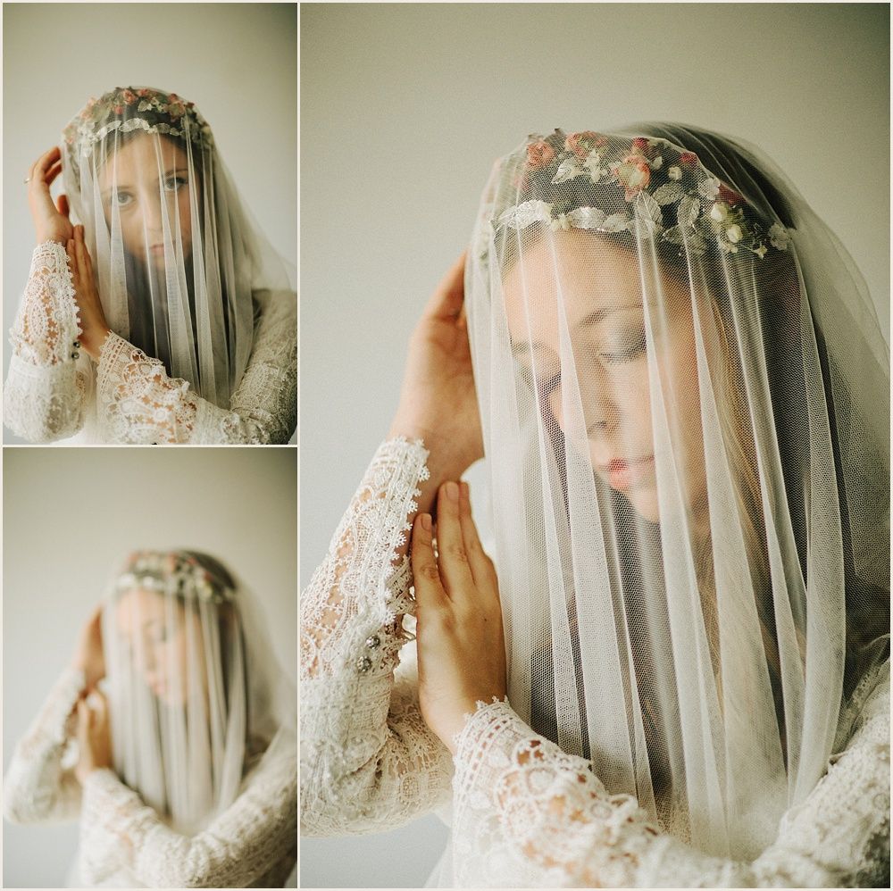 Three artistic bridal portraits featuring a delicate veil and floral crown against a neutral background.
