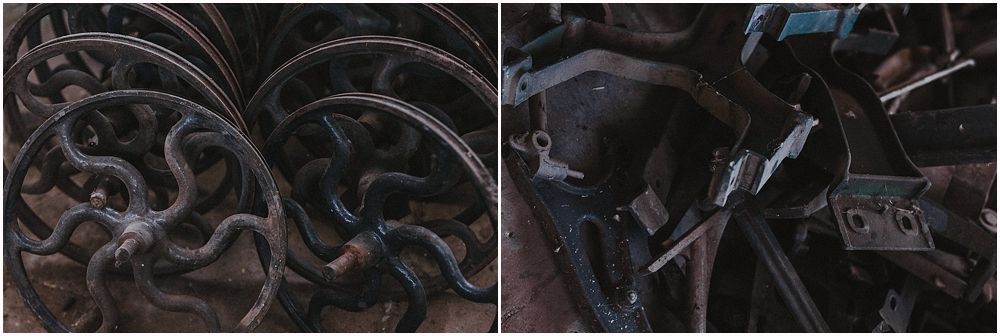 Close-up details of intricate vintage metal machinery parts in dark lighting.