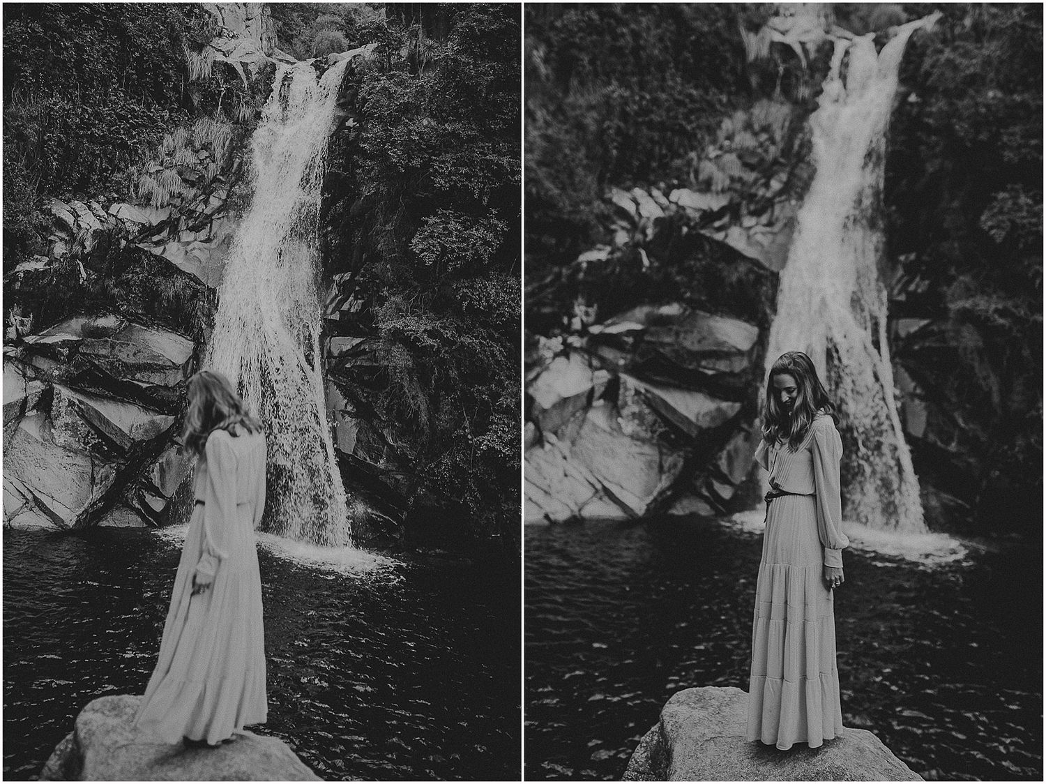 A black and white diptych of poses in front of a majestic waterfall.