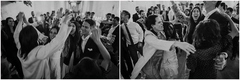 Black and white photos capture energetic dancing and celebration at indoor wedding reception.