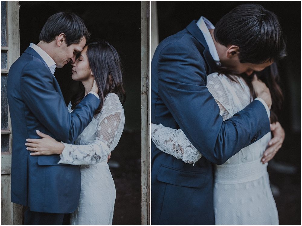 Two side-by-side photos of a couple in blue suit and white dress sharing tender moments.