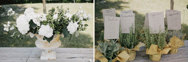 Wedding decor featuring white floral arrangements and seating cards with citrus accents.