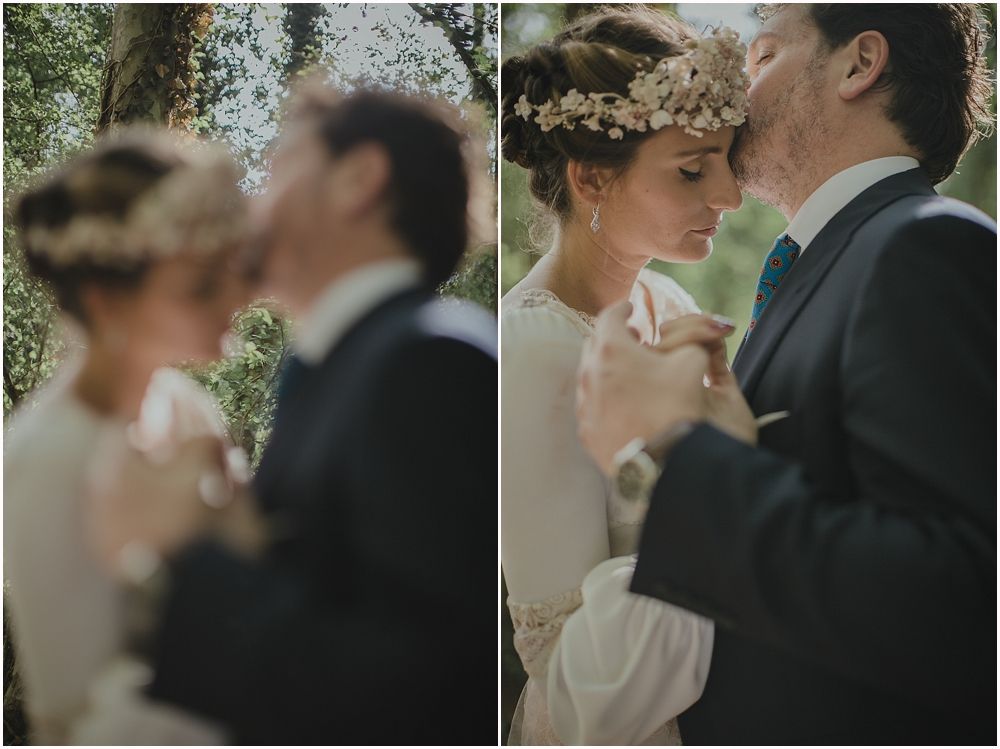 Romantic wedding portraits showing tender moments between a couple in vintage-inspired attire.