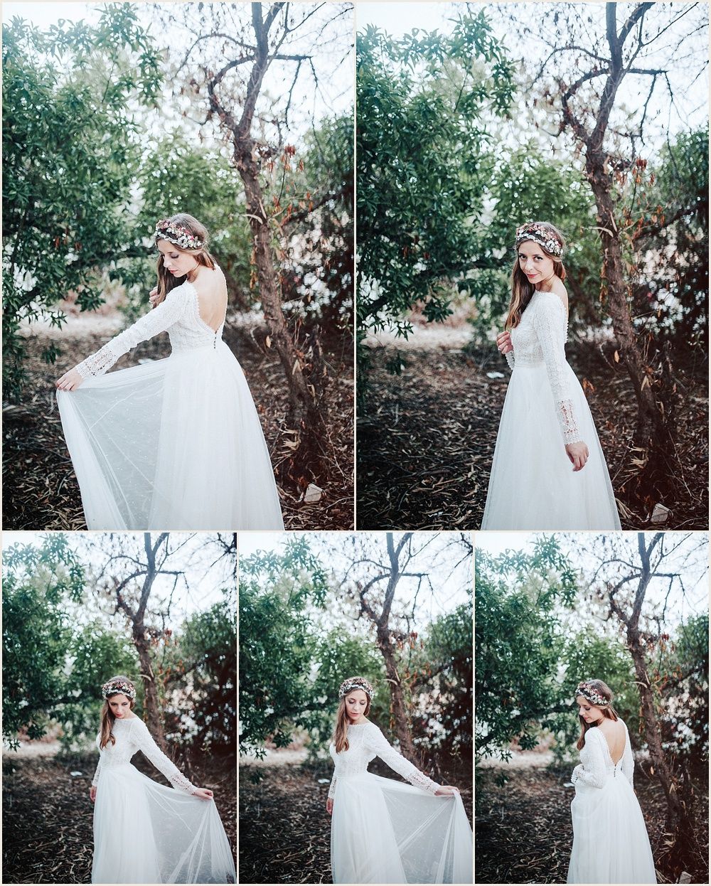 Ethereal bridal portraits showing flowing white dress in woodland setting.