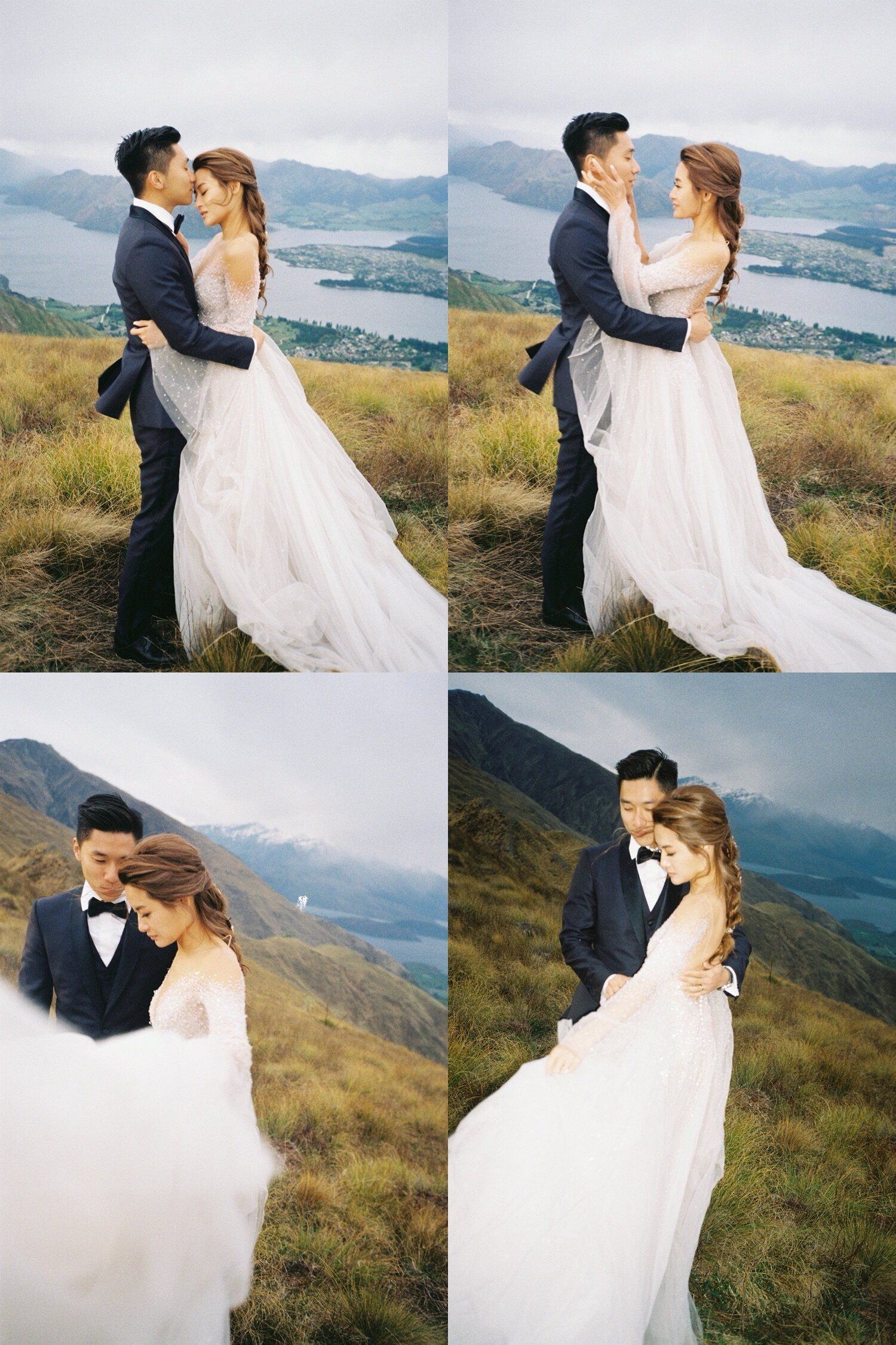Series of intimate wedding poses captured on scenic mountain overlook with lake backdrop.