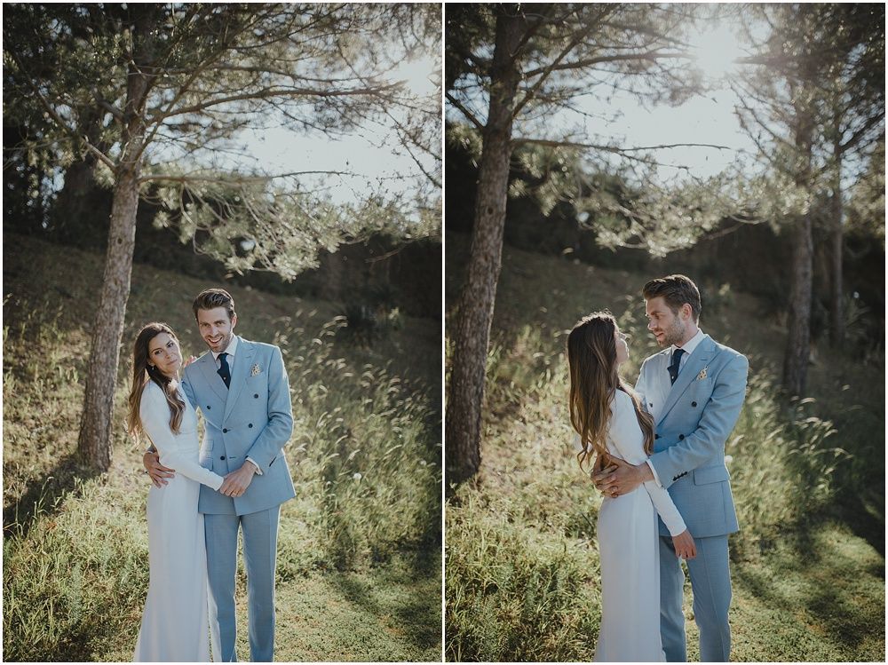 Romantic outdoor photo shoot in a sunlit forest with natural lighting.