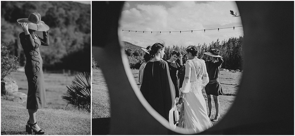 A black and white wedding photo split into two circular frames showing outdoor ceremony moments.