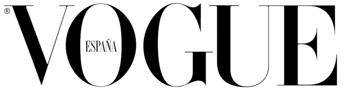 Black text logo for Vogue magazine in elegant typography.