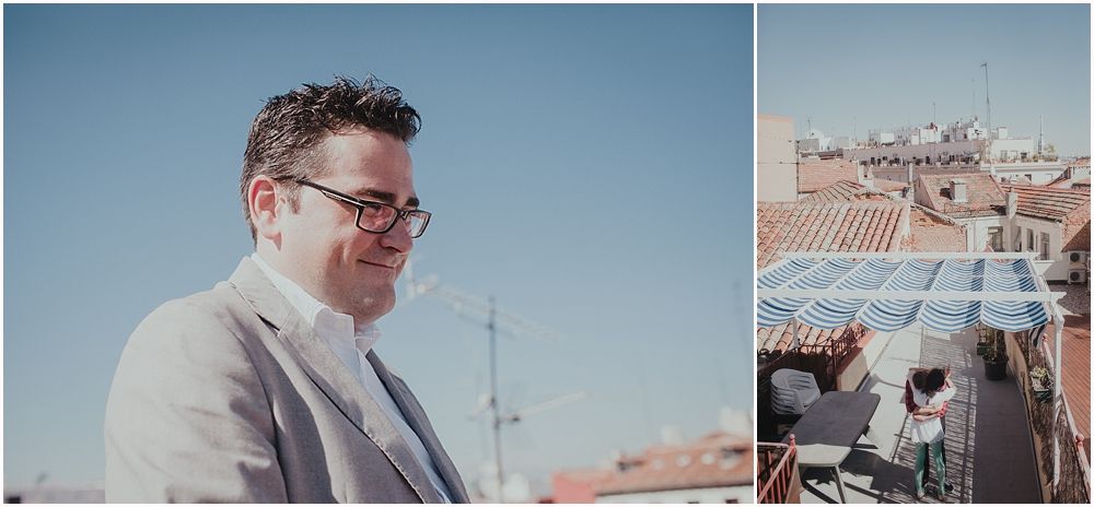 Split image showing person in grey suit against blue sky and rooftop scene.