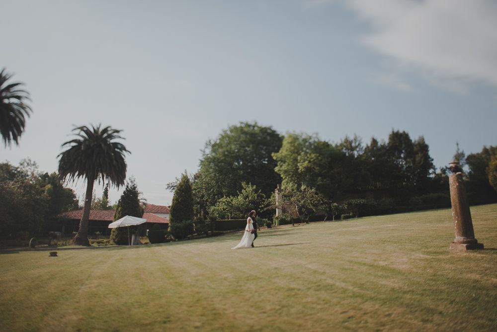 Expansive green lawn with palm trees and distant figures at outdoor event.