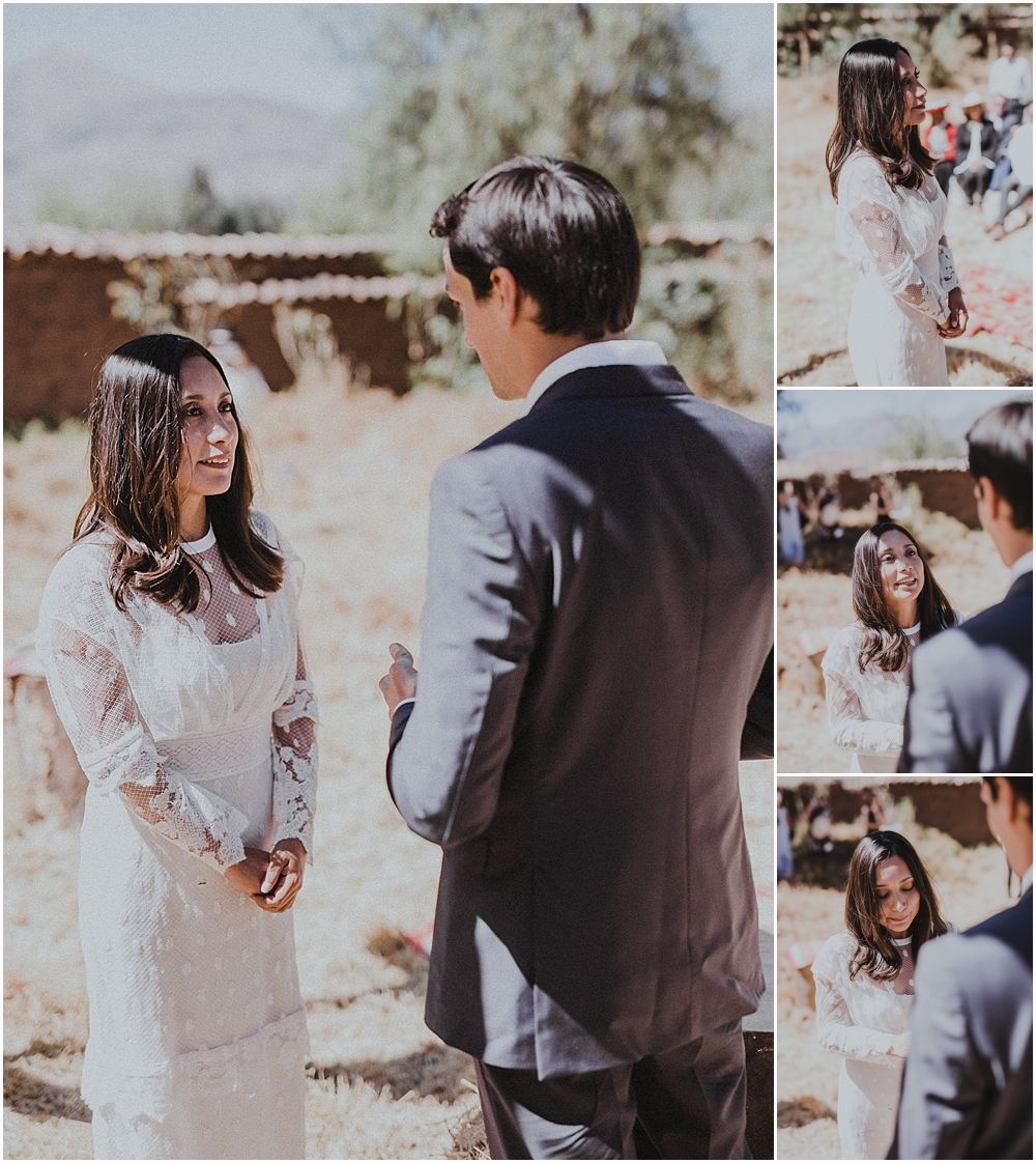A couple having an intimate first look moment at their outdoor wedding in soft sunlight.