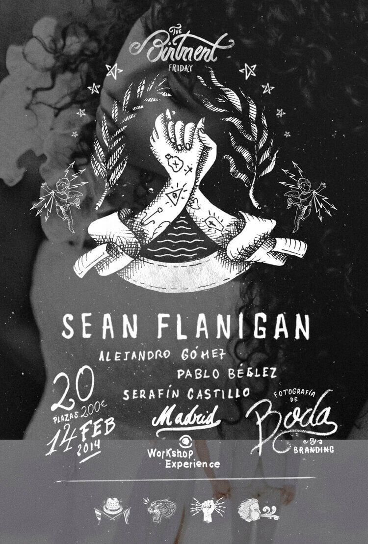 Black and white promotional design featuring handwritten typography and botanical illustrations.