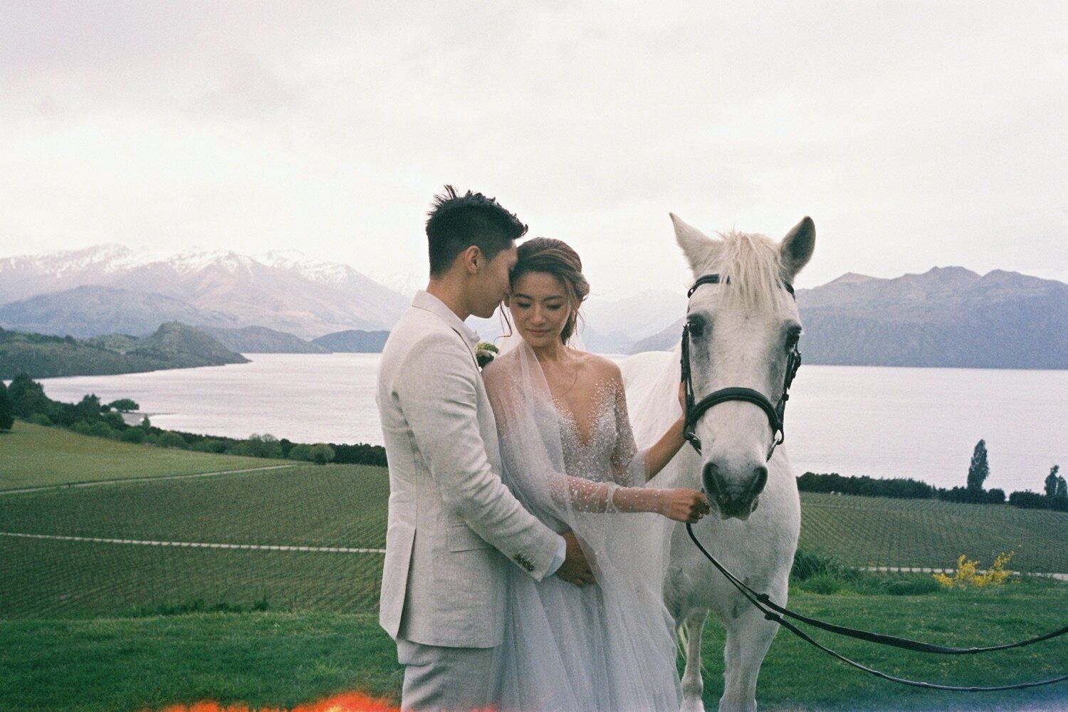 Wedding couple poses with white horse against scenic mountain lake landscape.