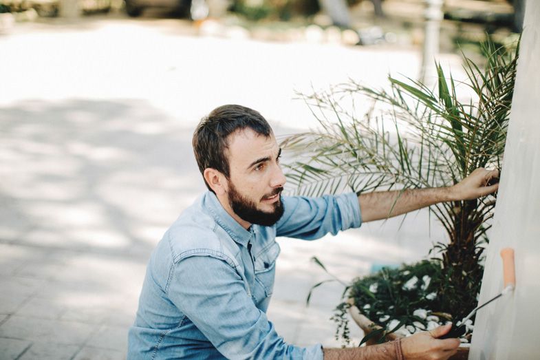 Person in blue shirt tending to palm plants in an outdoor setting.