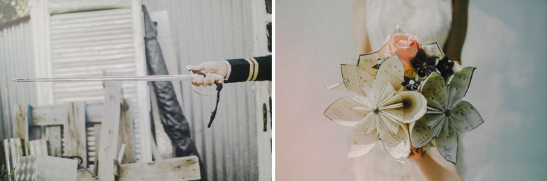 Artistic diptych combining a vintage white door with camera and delicate succulent wedding bouquet arrangement.