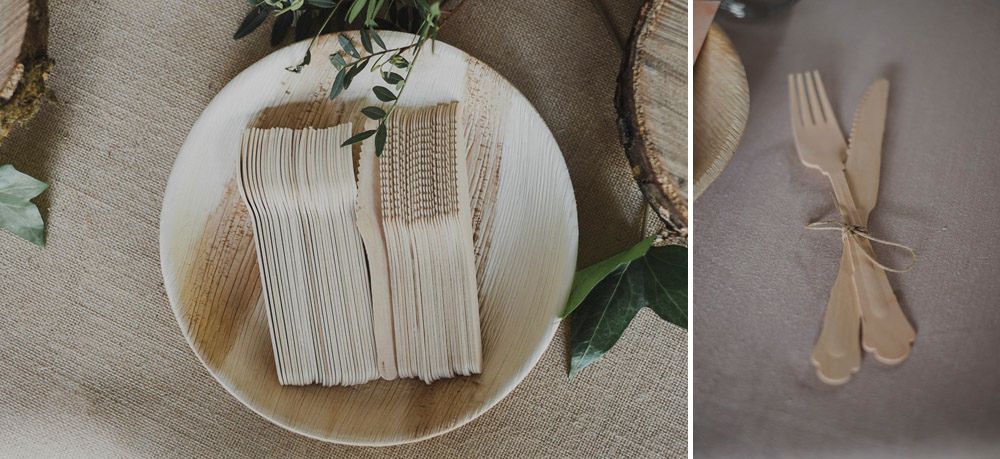 Table settings with natural linen napkins and green foliage accents.