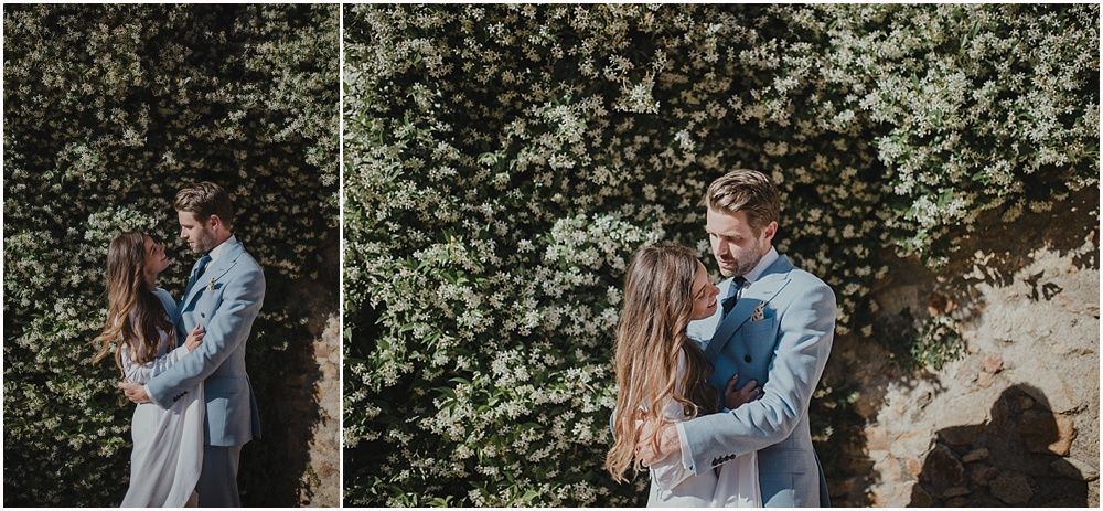 Stylish outdoor portrait session against lush green foliage background.