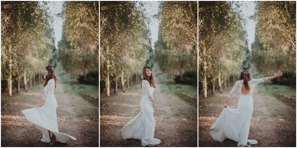 Triptych of a bride walking down a tree-lined path in a flowing white dress.