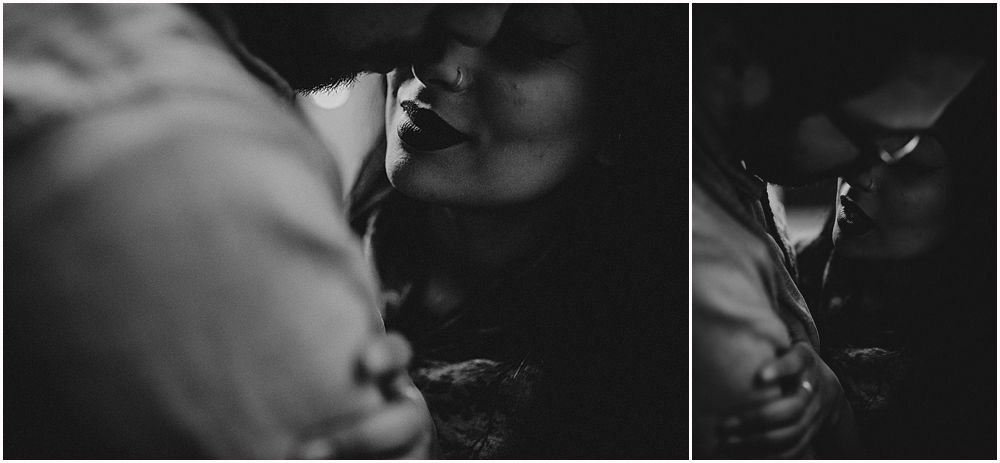 Dramatic black and white close-up diptych showing intimate connection.