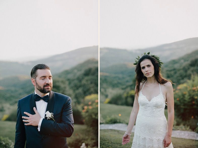 Couple poses separately against scenic mountain backdrop at their outdoor wedding.