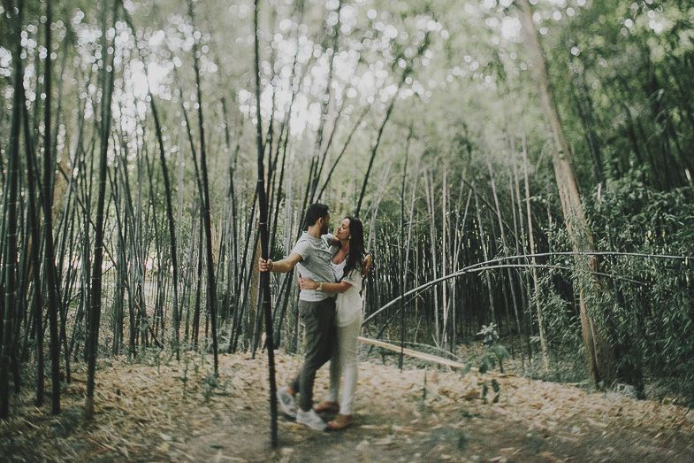 A couple embraces in a serene bamboo forest during a photo session.