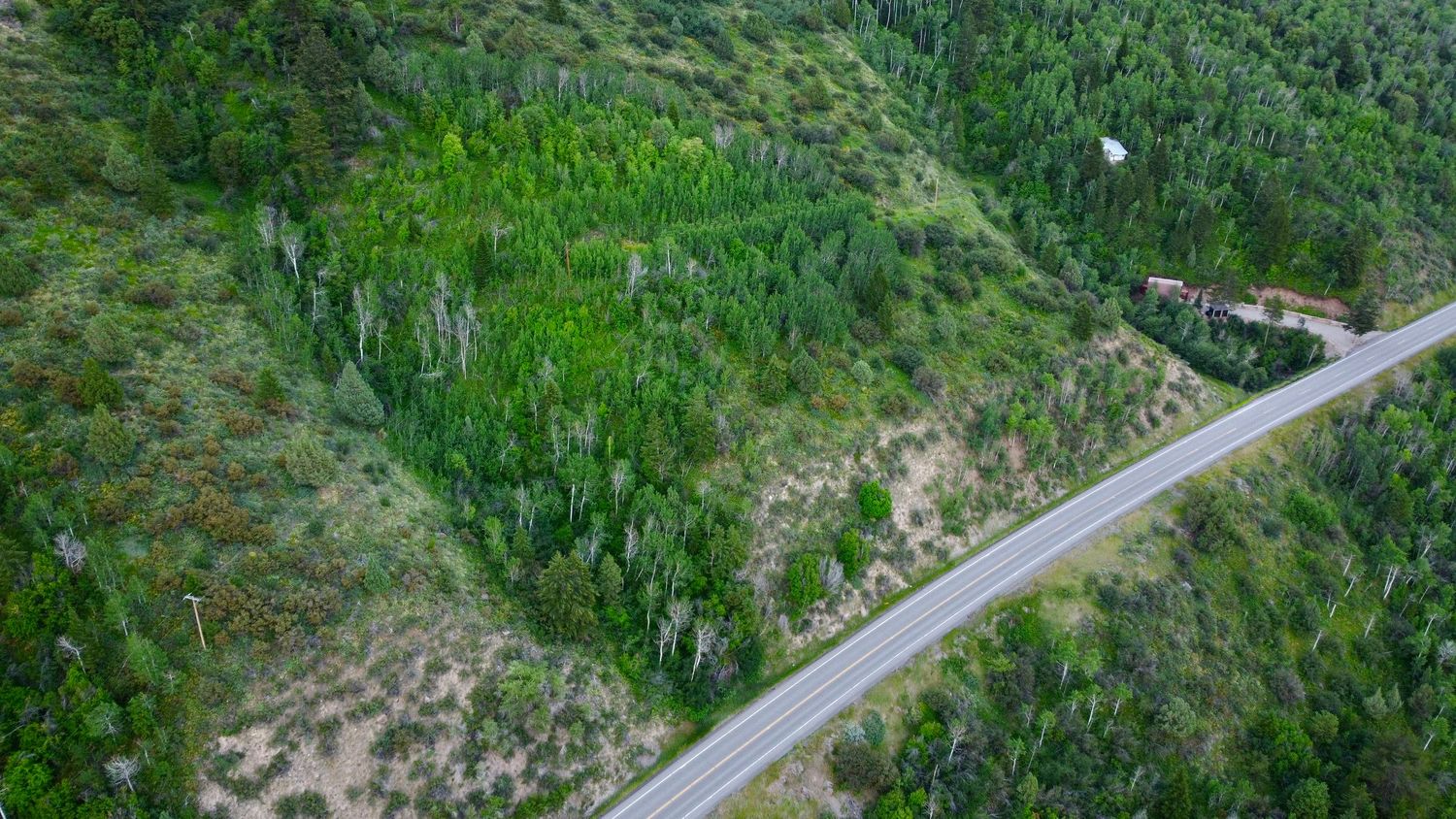Aerial view of a winding mountain road cutting through dense green forest slopes.