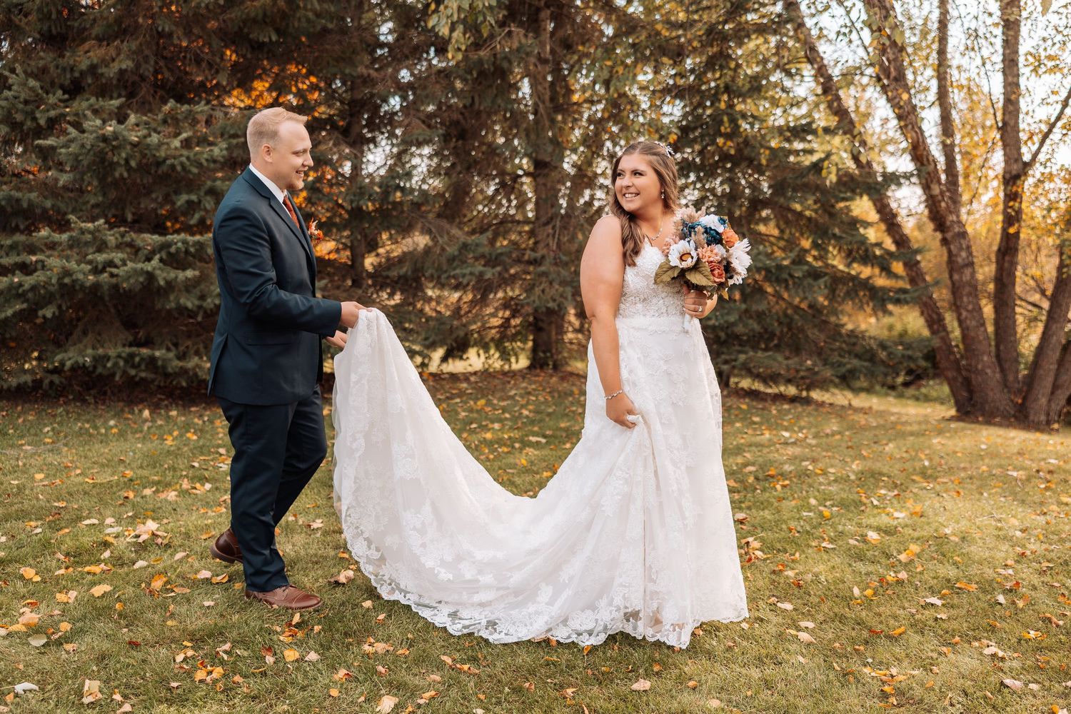 Wedding photography sequence showing couple's romantic moments in autumn setting.