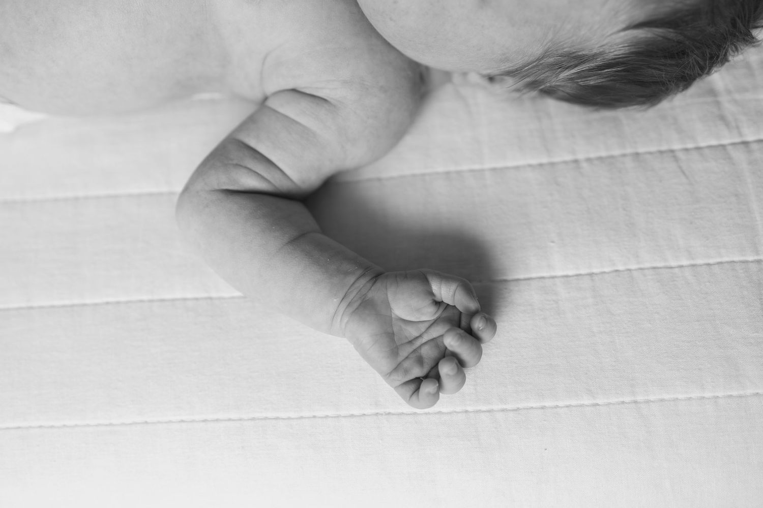 Close-up black and white image of tiny baby hands against white fabric.