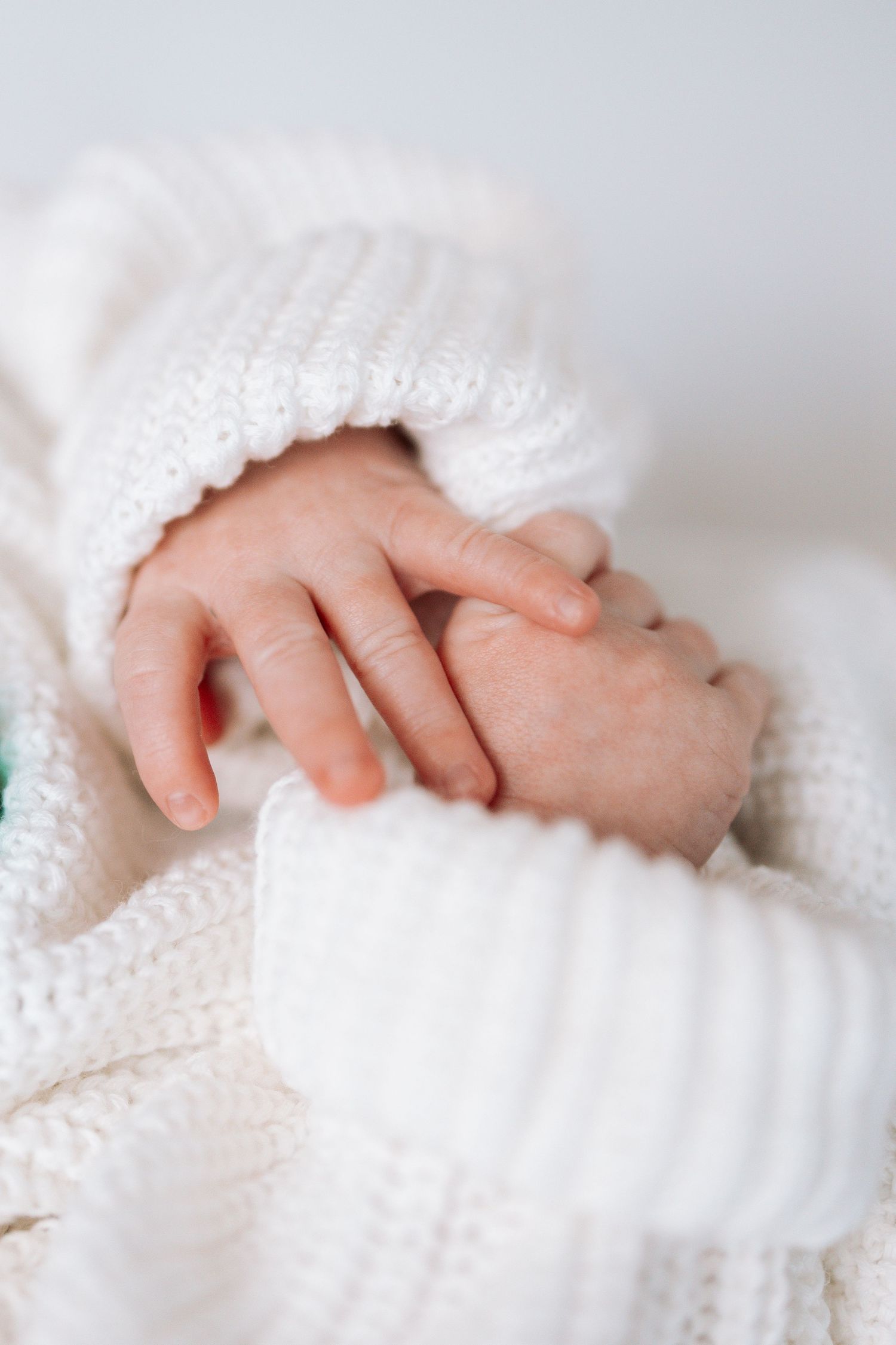 Close-up of tiny baby hands wrapped in soft white knitted blanket showing tender newborn details.