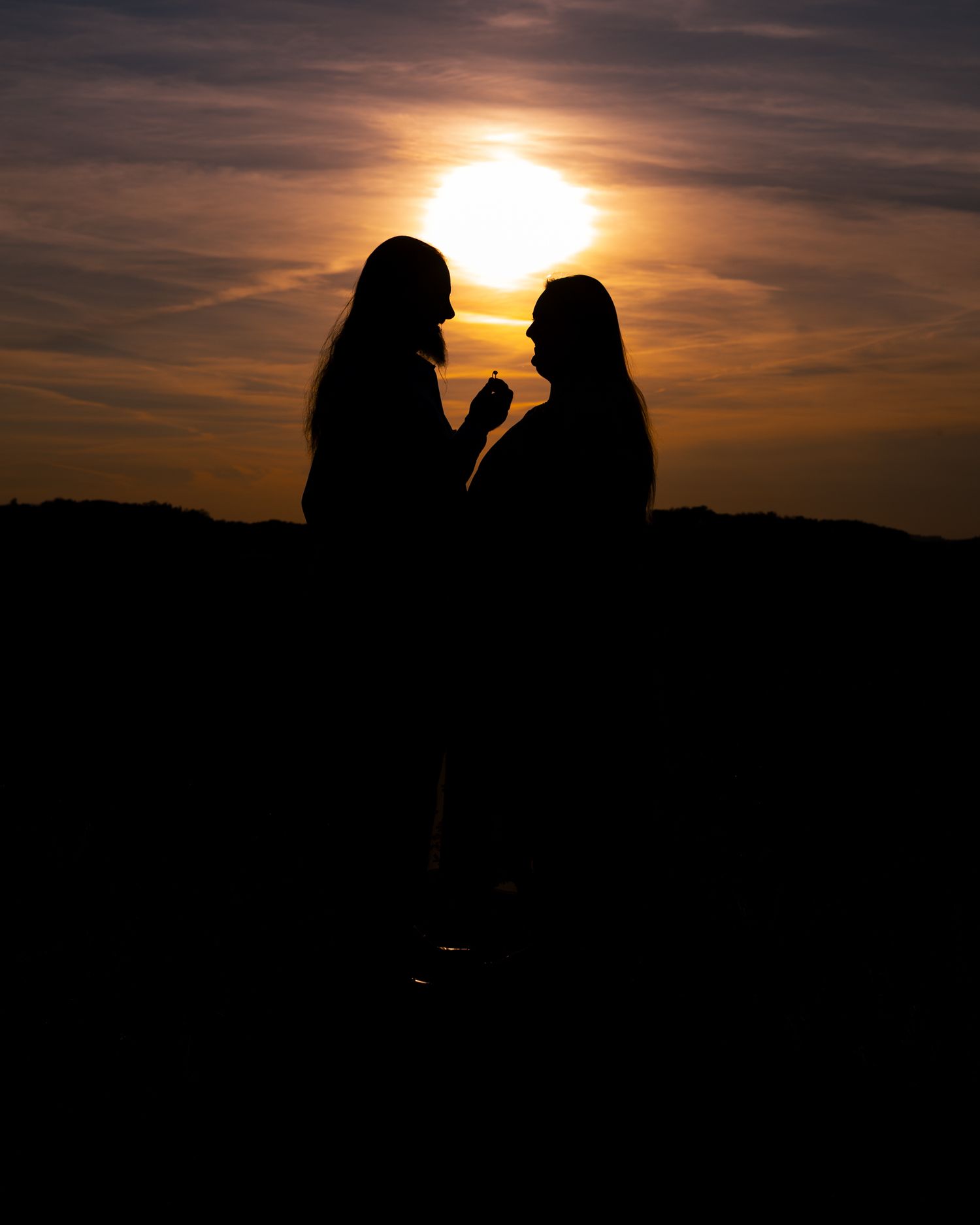 Silhouette of two women facing each other holding hands against a dramatic golden sunset sky.