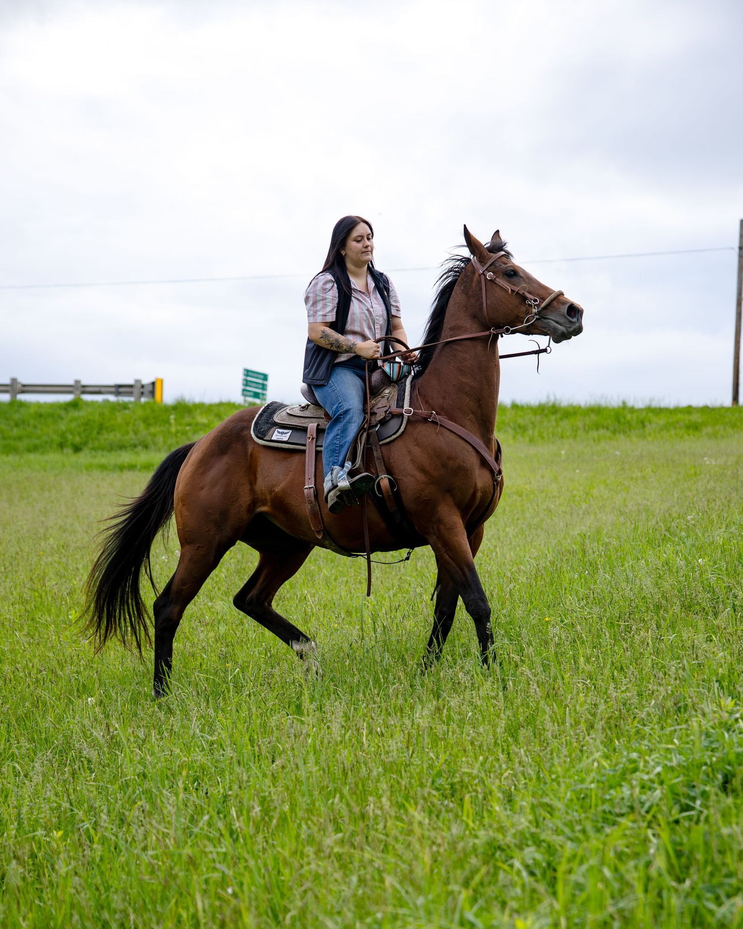 Woman with long dark hair rides a chestnut brown horse across a lush green field on a cloudy day.